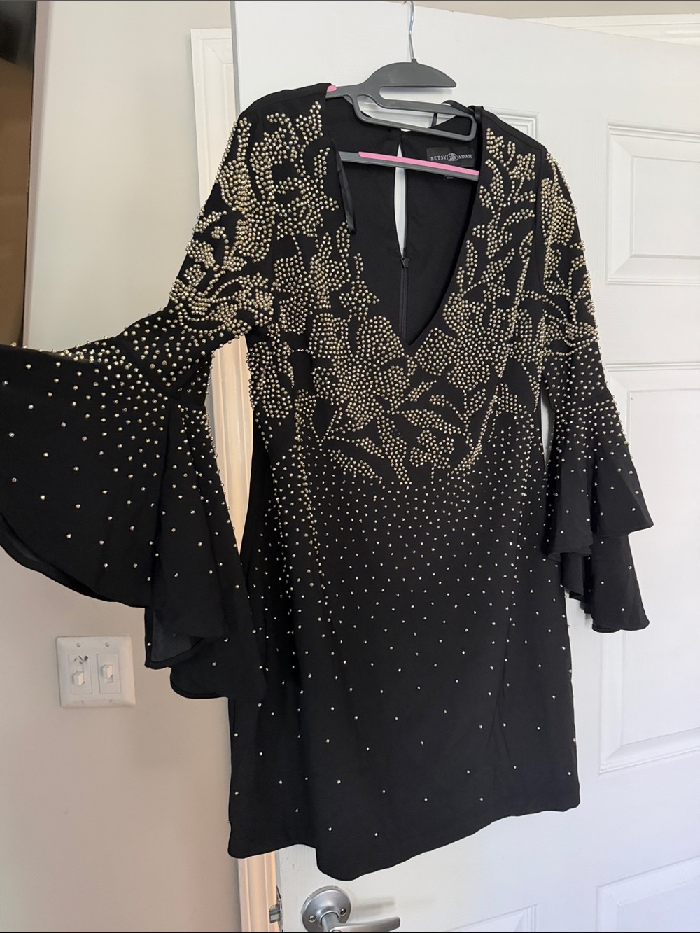 Black Embellished V-Neck Dress with Gold Studs